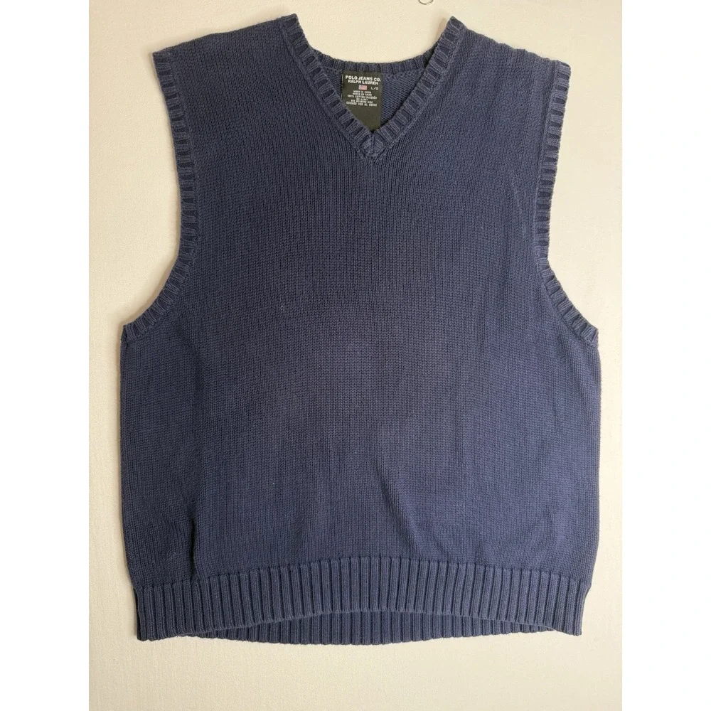 Polo Jeans Co Ralph Lauren Sweater Vest Mens L Navy Knit V-Neck Grandpa USA Made